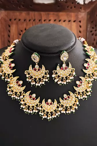 Gold plated crescent moon necklace set with red cz stones & pearls - elegant festive and wedding jewelry for women