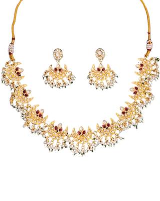 Gold plated crescent moon necklace set with red cz stones & pearls - elegant festive and wedding jewelry for women 4