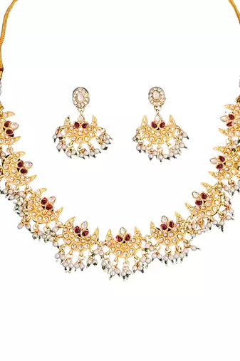 Gold plated crescent moon necklace set with red cz stones & pearls - elegant festive and wedding jewelry for women
