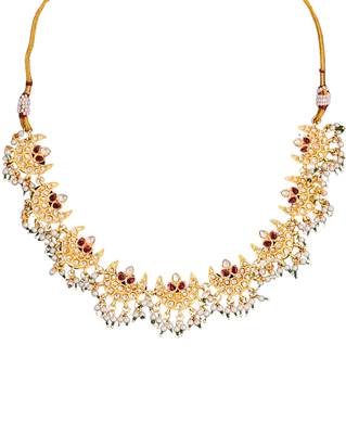 Gold plated crescent moon necklace set with red cz stones & pearls - elegant festive and wedding jewelry for women 5