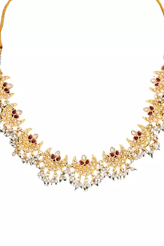 Gold plated crescent moon necklace set with red cz stones & pearls - elegant festive and wedding jewelry for women