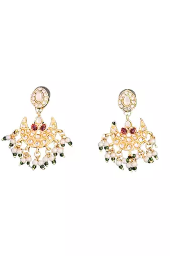 Gold plated crescent moon necklace set with red cz stones & pearls - elegant festive and wedding jewelry for women