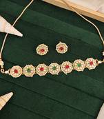 Antique gold plated choker necklace set with red green kundan stones, floral design, jewelry for all special occasions