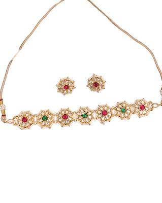 Antique gold plated choker necklace set with red green kundan stones, floral design, jewelry for all special occasions 4
