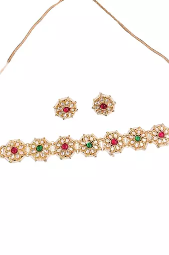 Antique gold plated choker necklace set with red green kundan stones, floral design, jewelry for all special occasions