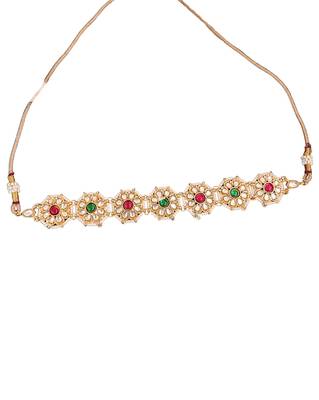 Antique gold plated choker necklace set with red green kundan stones, floral design, jewelry for all special occasions 5