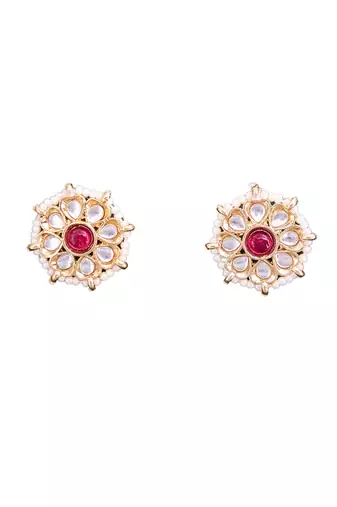 Antique gold plated choker necklace set with red green kundan stones, floral design, jewelry for all special occasions