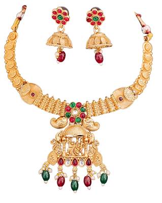 South indian jewelry necklace set with lakshmi pendant, ruby & green stones, coin design, and matching jhumka earrings 4
