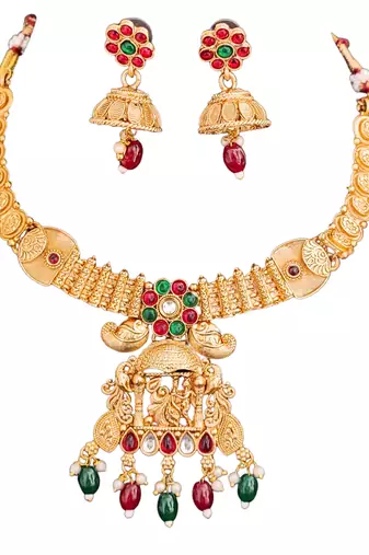 South indian jewelry necklace set with lakshmi pendant, ruby & green stones, coin design, and matching jhumka earrings