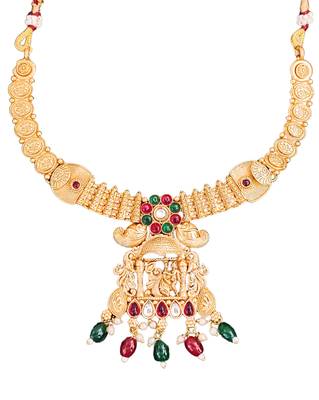 South indian jewelry necklace set with lakshmi pendant, ruby & green stones, coin design, and matching jhumka earrings 5