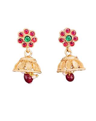 South indian jewelry necklace set with lakshmi pendant, ruby & green stones, coin design, and matching jhumka earrings 6