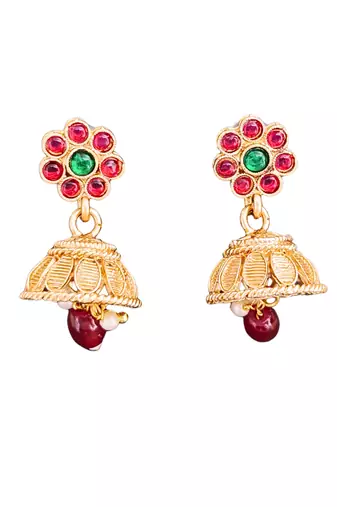 South indian jewelry necklace set with lakshmi pendant, ruby & green stones, coin design, and matching jhumka earrings