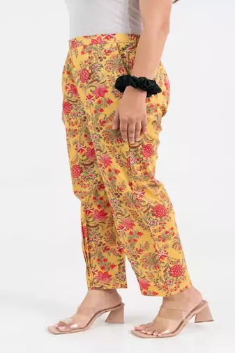 Yellow floral jaal printed cotton  pant