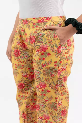 Yellow floral jaal printed cotton  pant