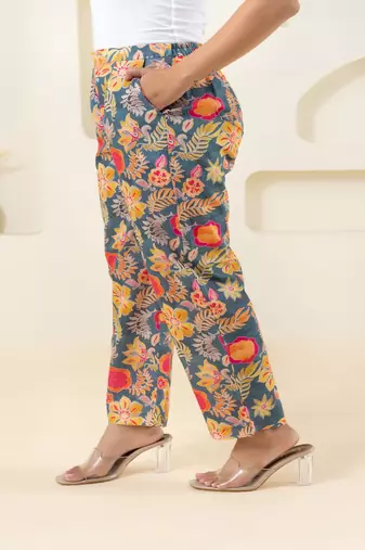 Grey floral printed cotton  pant