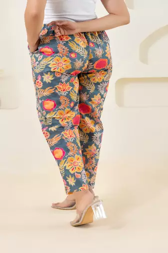 Grey floral printed cotton  pant