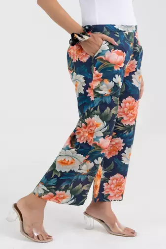Navy blue bold floral printed cotton  pant