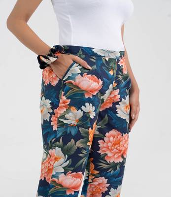 Navy blue bold floral printed cotton  pant 3