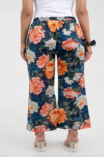 Navy blue bold floral printed cotton  pant