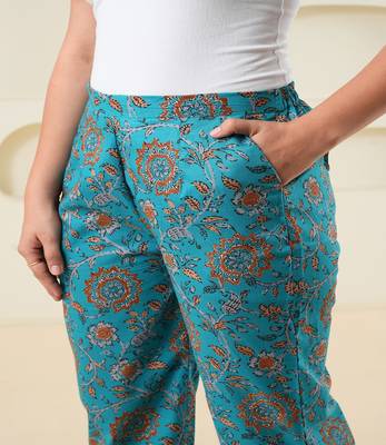 Cyan block printed cotton  pant 2