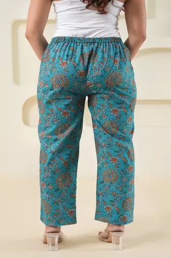 Cyan block printed cotton  pant