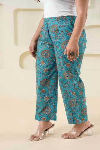 Cyan block printed cotton  pant
