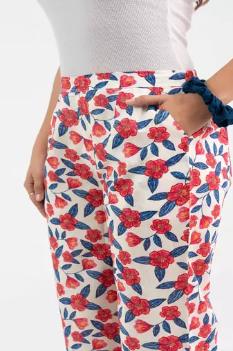 Off white floral printed cotton  pant