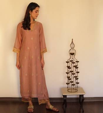Mocha chanderi embroidered suit set with dupatta 1
