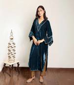 Teal hand embroidered kurta with zari detailing
