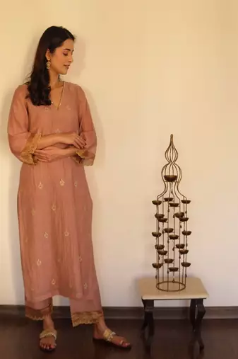 Mocha chanderi embroidered suit set with dupatta