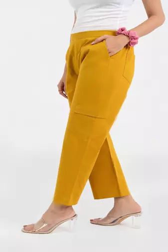 Mustard cotton  solid cargo pant