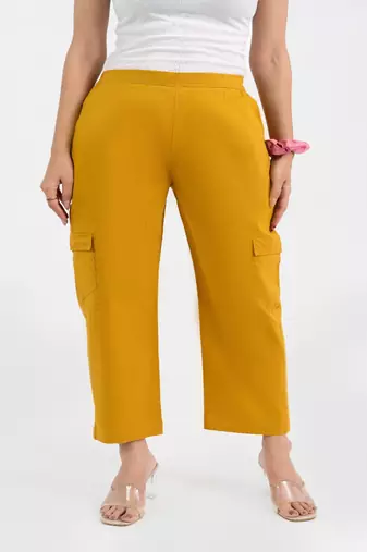 Mustard cotton  solid cargo pant