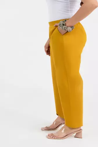 Mustard cotton  solid pant with leaf bottom