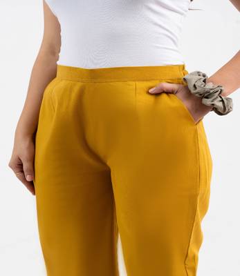 Mustard cotton  solid pant with leaf bottom 4
