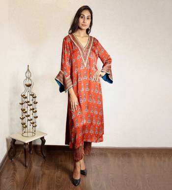 Red ajrakh printed modal silk kurta with exaggerated sleeves 1