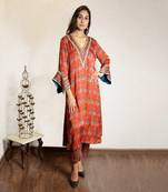 Red ajrakh printed modal silk kurta with exaggerated sleeves