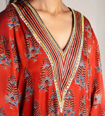 Red ajrakh printed modal silk kurta with exaggerated sleeves 2