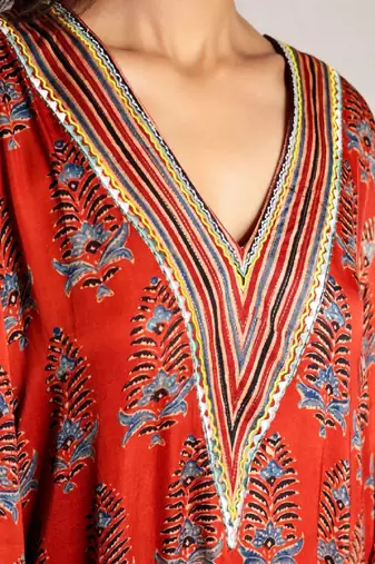 Red ajrakh printed modal silk kurta with exaggerated sleeves