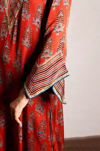 Red ajrakh printed modal silk kurta with exaggerated sleeves