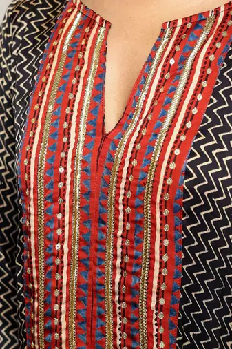 Black hand embroidered zig zag modal silk kurta