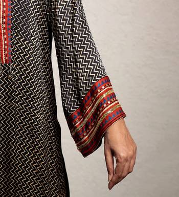 Black hand embroidered zig zag modal silk kurta 4