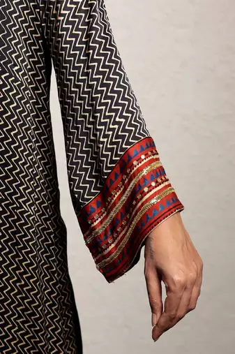 Black hand embroidered zig zag modal silk kurta