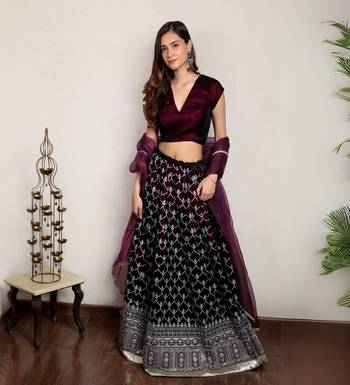 Wine embroidered lehenga set with organza dupatta 1