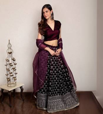 Wine embroidered lehenga set with organza dupatta 2