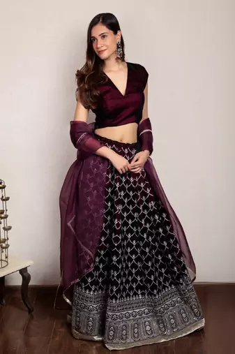 Wine embroidered lehenga set with organza dupatta