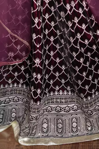 Wine embroidered lehenga set with organza dupatta