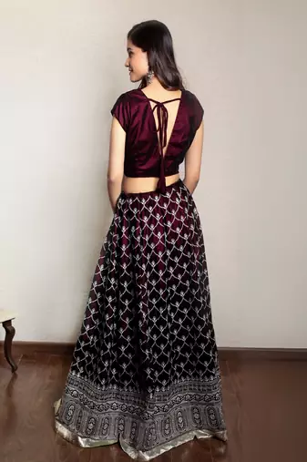 Wine embroidered lehenga set with organza dupatta
