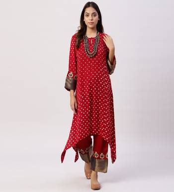 Red modal silk kurta with pants 1