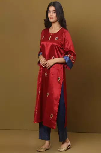 Embroidered mashru silk kurta set with dupatta