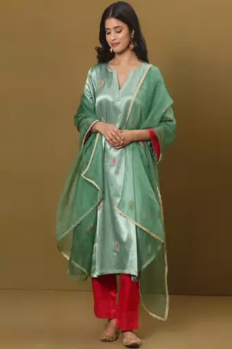 Embroidered mashru silk kurta set with dupatta